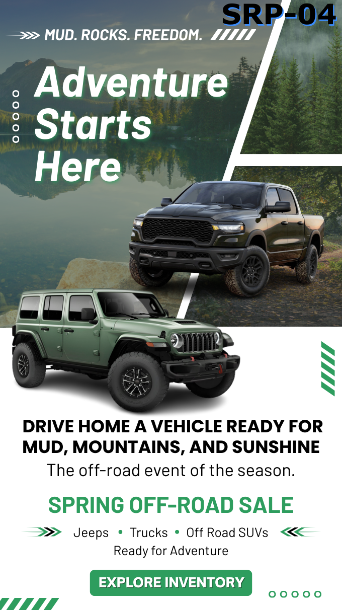 Spring sales event banner featuring off-road trucks, Jeeps and SUVs at local dealership