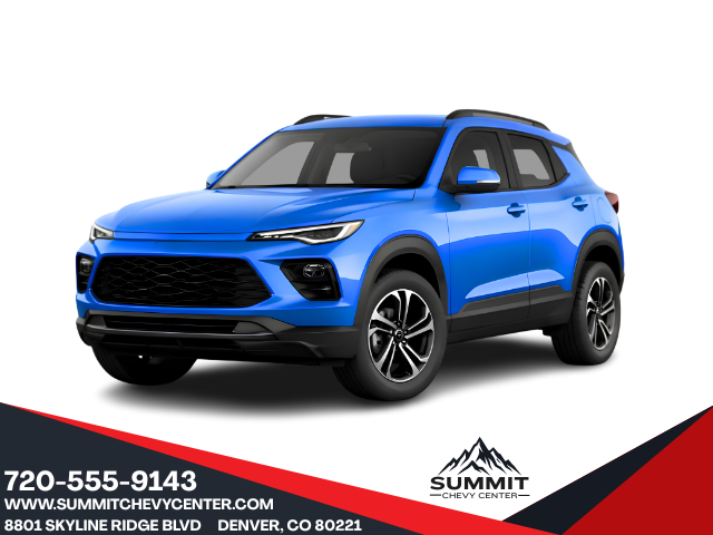 Vehicle photo overlay with angled red and navy corner graphic, phone, website, address, and logo