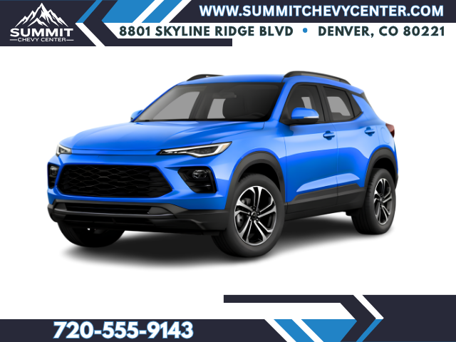 Vehicle photo overlay with navy and blue chevron graphics, website, address, and phone number